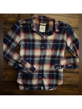 American Eagle Outfitters Plaid Button-Down Flannel Shirt in Blue, Burgundy, Tan